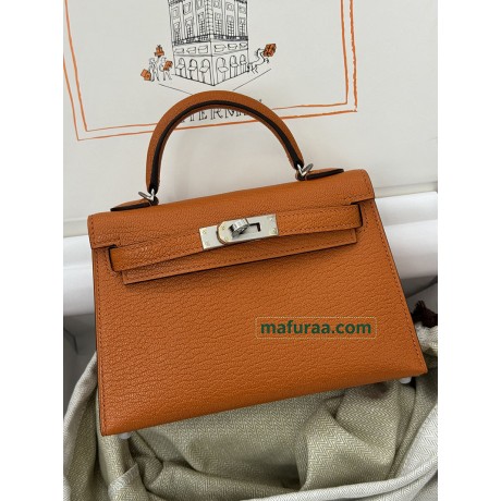 mini Kelly 93/Orange  Chevre Silver Hardware