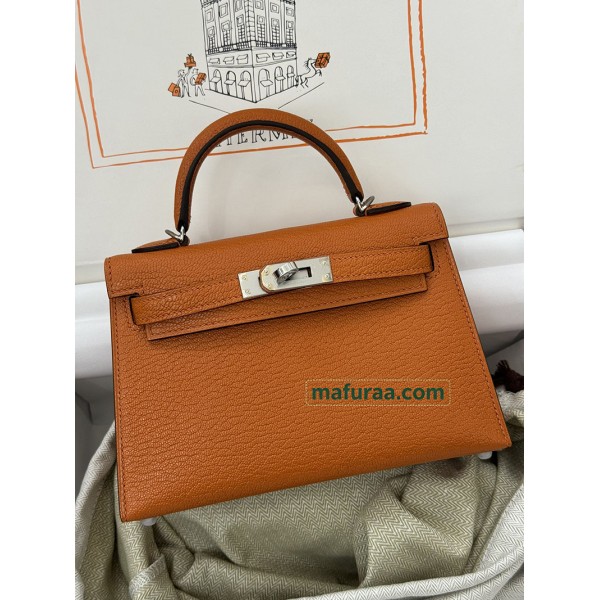 mini Kelly 93/Orange  Chevre Silver Hardware