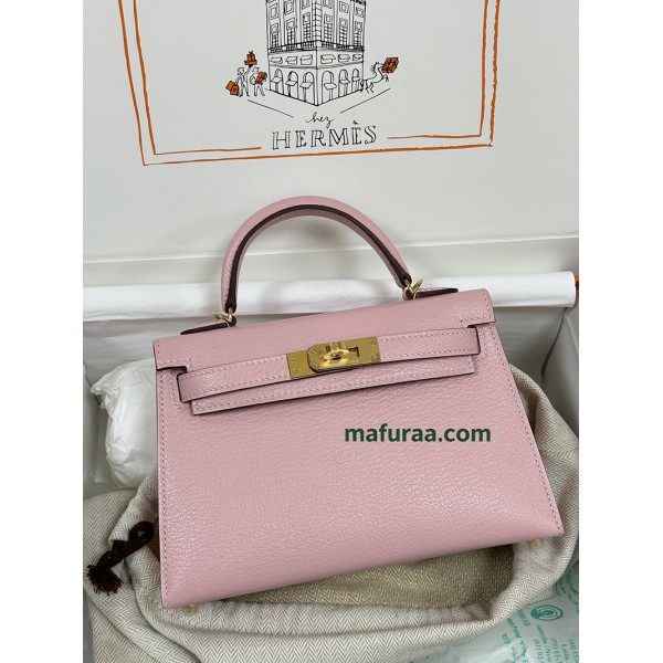 mini Kelly 3Q/Rose Sakura Chevre Gold Hardware