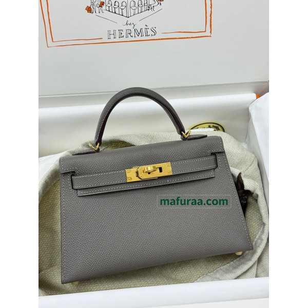 mini Kelly  0L/ Gris Meyer  Epsom Gold Hardware